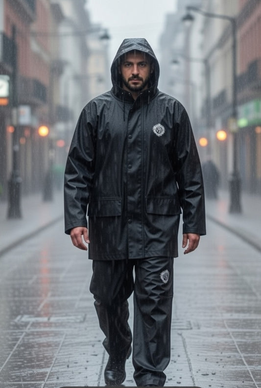 Rubber rain suit.