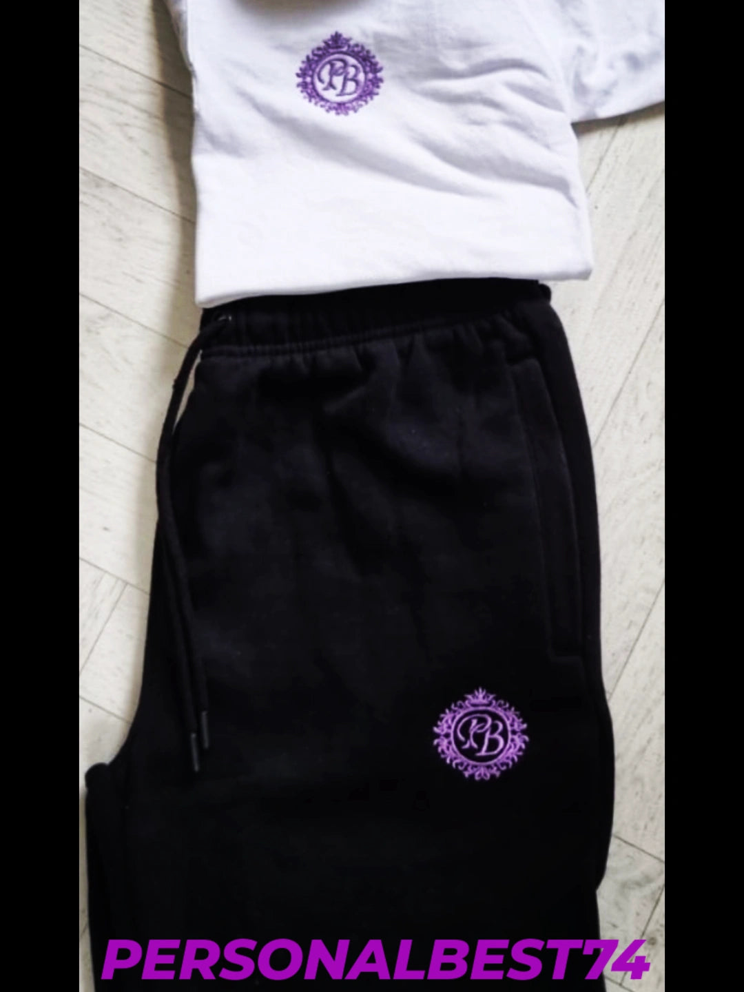 PersonalBest74 Shorts set Black/ Purple shorts with white tshirt .